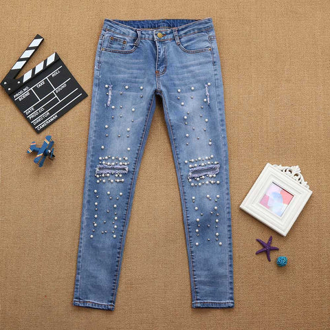 Women Denim High-Waist Ripped Stretchy Hole Pencil Pants Jeans Trousers