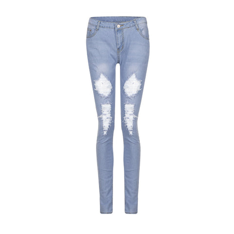Women Skinny Ripped Holes Jeans Pants High Waist Stretch Slim Pencil Trousers