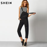 SHEIN Women Jumpsuit Denim Overalls 2016 Spring Autumn Black Strap Ripped Pockets Full Length Denim Jeans Jumpsuit