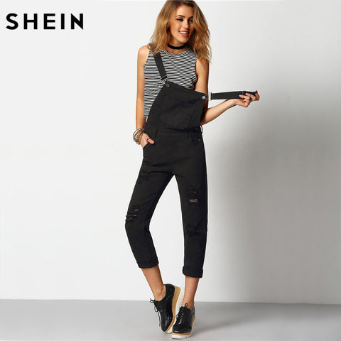 SHEIN Women Jumpsuit Denim Overalls 2016 Spring Autumn Black Strap Ripped Pockets Full Length Denim Jeans Jumpsuit