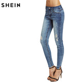 SHEIN Bleach Wash Ripped Skinny Jeans Summer Blue Boyfriend Jeans for Women Low Waist Zipper Fly Casual Female Jeans
