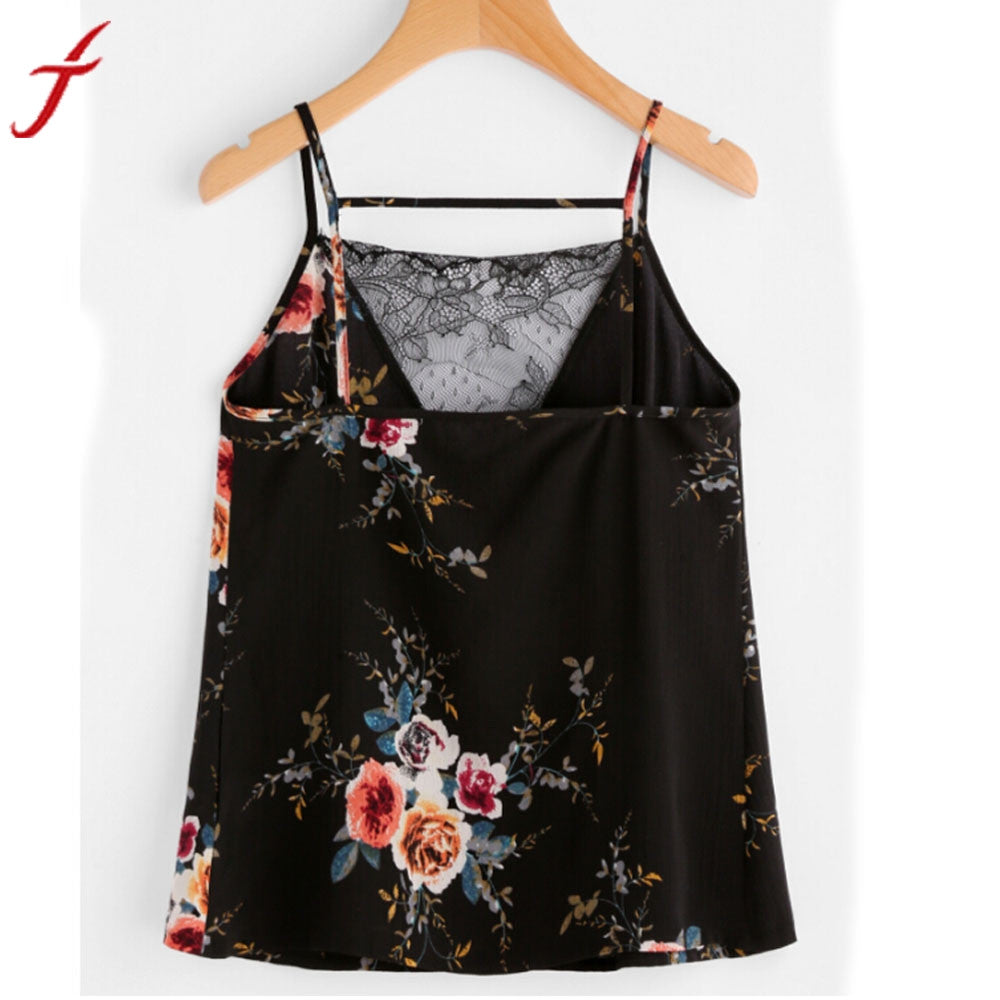 2017 Hot Summer Chiffon Camis Women Sexy Black Lace Vest Crop Top Sleeveless Casual Flower Printing Tank Tops t Shirt Blusa