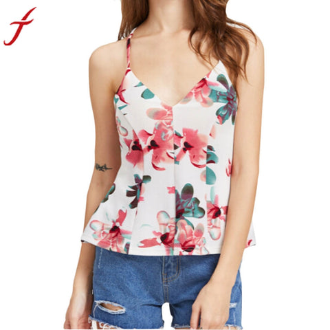 2017 Summer White Chiffon Camis Sexy Womens V neck Sleeveless Blusa Flower Printed Tops Casual backless summer T Shirt