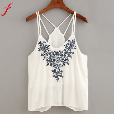 Embroidery Women Cami Crop Tops Flower Printing Strappy Top Camisole Sexy White Shirt Tops For Women cropped feminino 2017