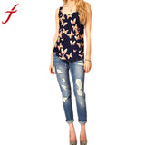 2015 Free shiping Women's Vest Butterfly Print Plus Size S~XXL Sleeveless Chiffon Tank Top Shirts Crew Vest 5size #XL40