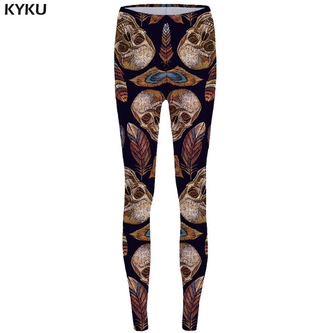 KYKU Skull Leggings Feather 3d pants Punk Stretch Pants Gothic Sexy Leggings  High Waist  Print Legging Women Jeggins Ladies