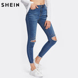 SHEIN Mid Waist Casual Jeans Woman Blue Jeans Button Fly for Women Zipper Fly Pearl Beading Destroyed Cut Hem Skinny Jeans