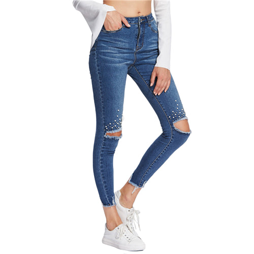 SHEIN Mid Waist Casual Jeans Woman Blue Jeans Button Fly for Women Zipper Fly Pearl Beading Destroyed Cut Hem Skinny Jeans