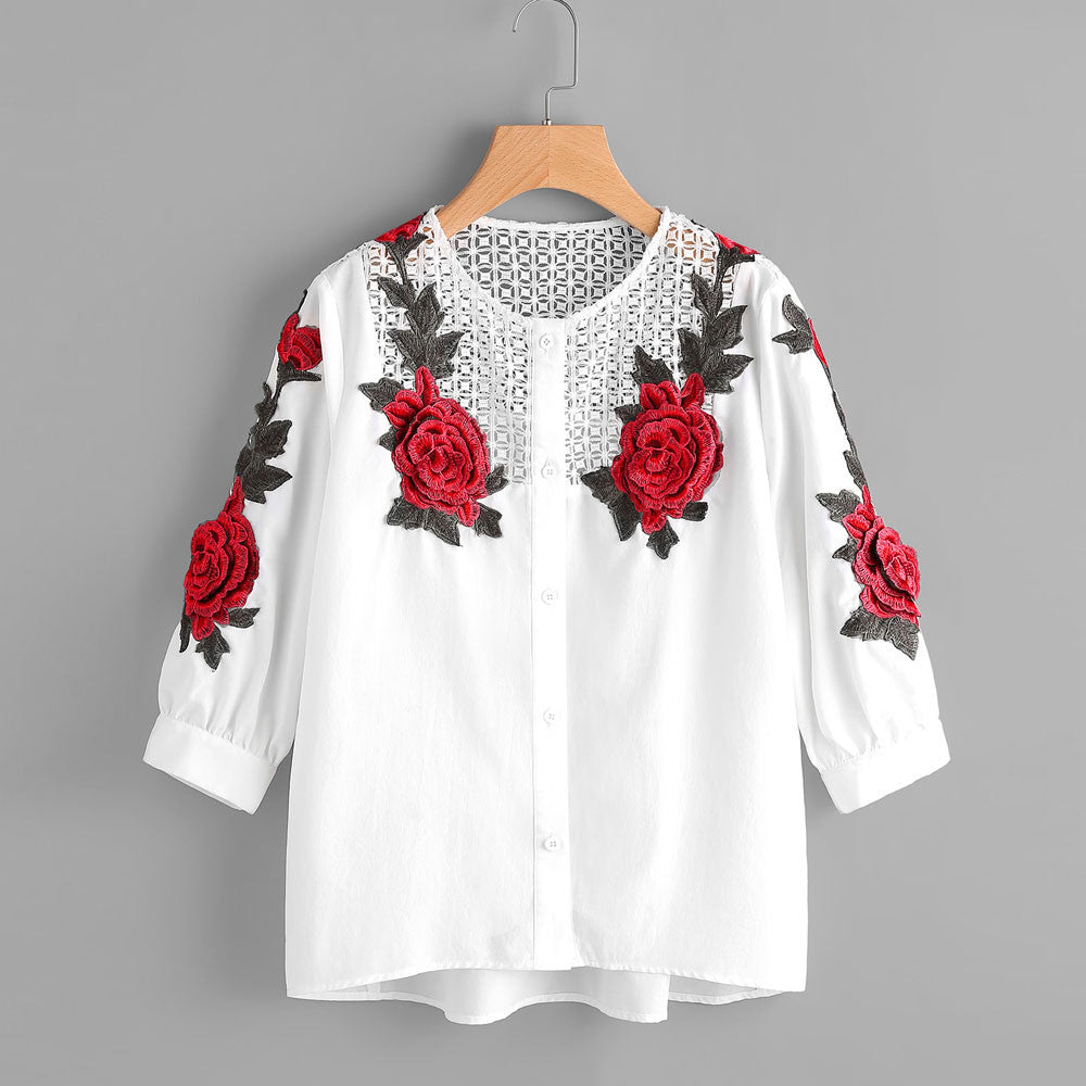 Women Autumn Long Sleeve T-Shirt Embroidered Shirt Casual Blouse Tops