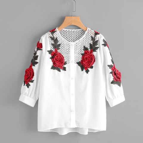 Women Autumn Long Sleeve T-Shirt Embroidered Shirt Casual Blouse Tops
