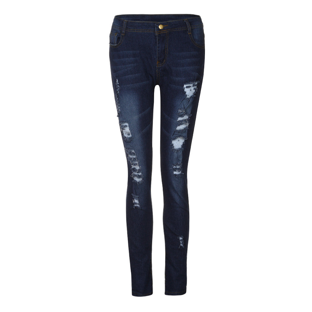 Women Skinny Ripped Holes Jeans Pants High Waist Stretch Slim Pencil Trousers
