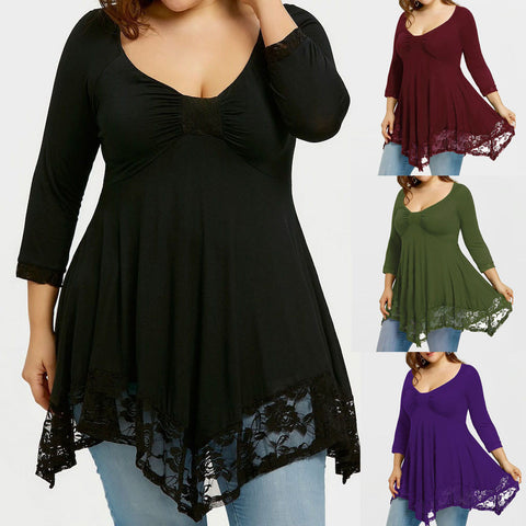 Large Size Women Lace Shirt Long Sleeve Casual Long Shirt Tops Blouse