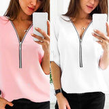 Womens Casual Tops Shirt Ladies V Neck Zipper Loose T-shirt Blouse Tee Top