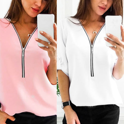 Womens Casual Tops Shirt Ladies V Neck Zipper Loose T-shirt Blouse Tee Top
