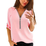 Womens Casual Tops Shirt Ladies V Neck Zipper Loose T-shirt Blouse Tee Top