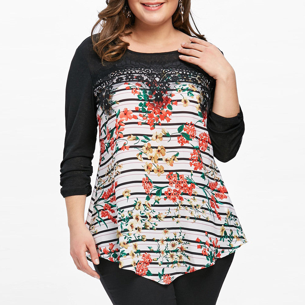 Large Size Women Printing Lace Shirt Long Sleeve Casual Shirt Tops Blouse